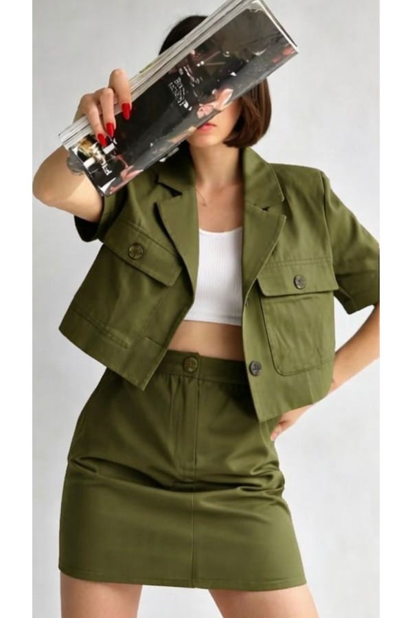 Premium %100 Pamuk Gabardin Yüksek Bel Mini Etekli Ceket Yazlık Şık Modern Kadın İkili Takım