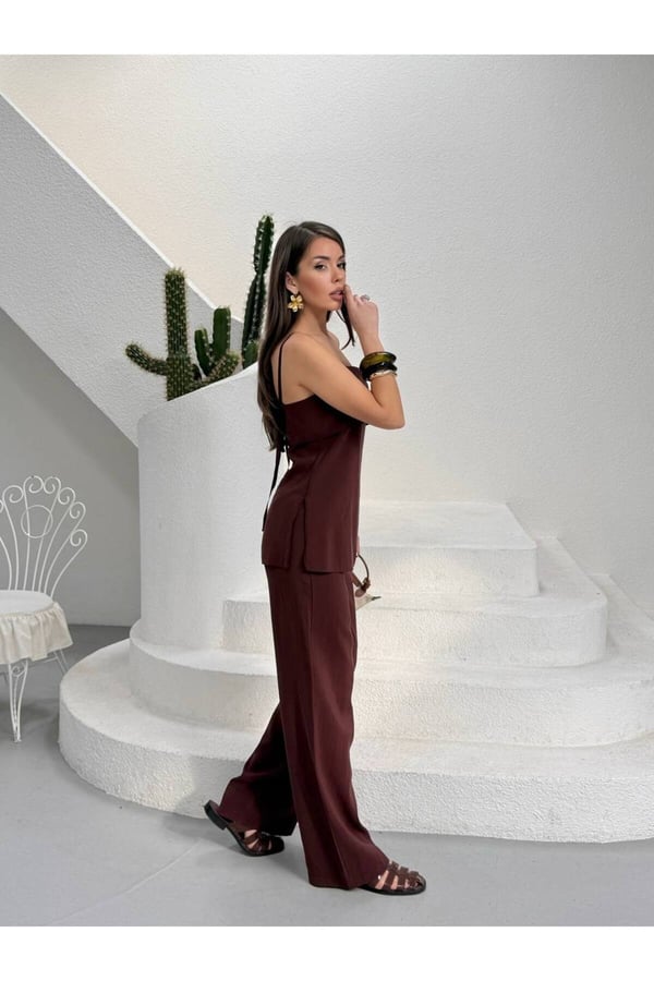 Premium Askılı Bluz ve Bol Paça Pantolon İkili Takım Şık Kadın Kombin