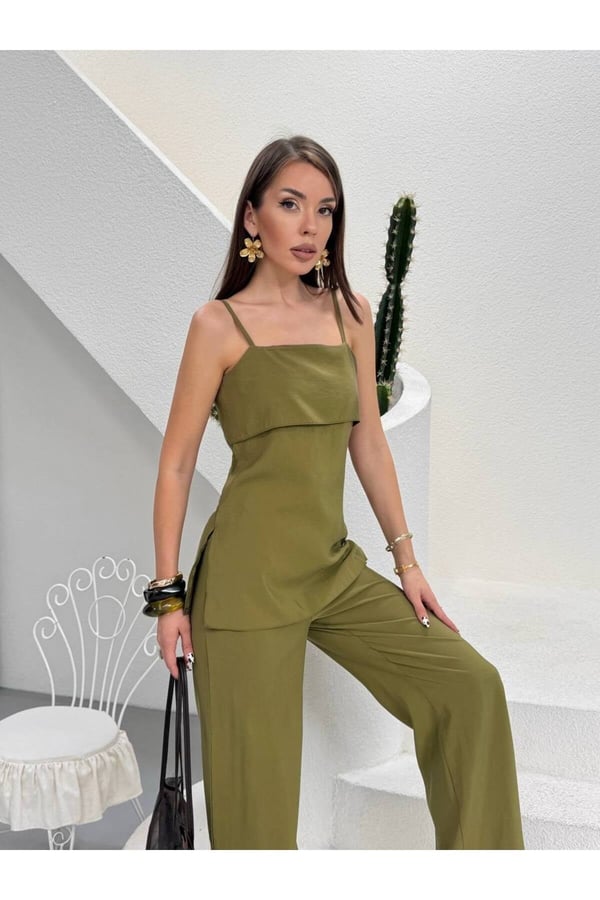 Premium Askılı Bluz ve Bol Paça Pantolon İkili Takım Şık Kadın Kombin