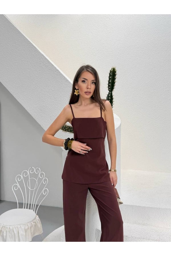Premium Askılı Bluz ve Bol Paça Pantolon İkili Takım Şık Kadın Kombin