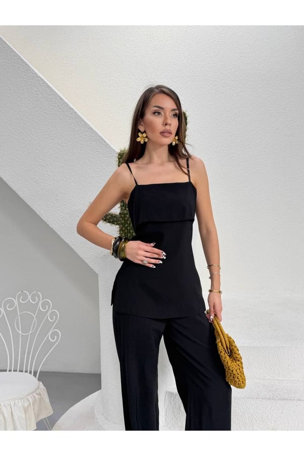 Premium Askılı Bluz ve Bol Paça Pantolon İkili Takım Şık Kadın Kombin
