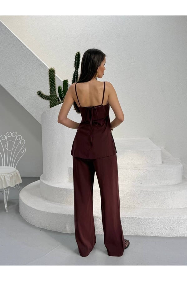 Premium Askılı Bluz ve Bol Paça Pantolon İkili Takım Şık Kadın Kombin