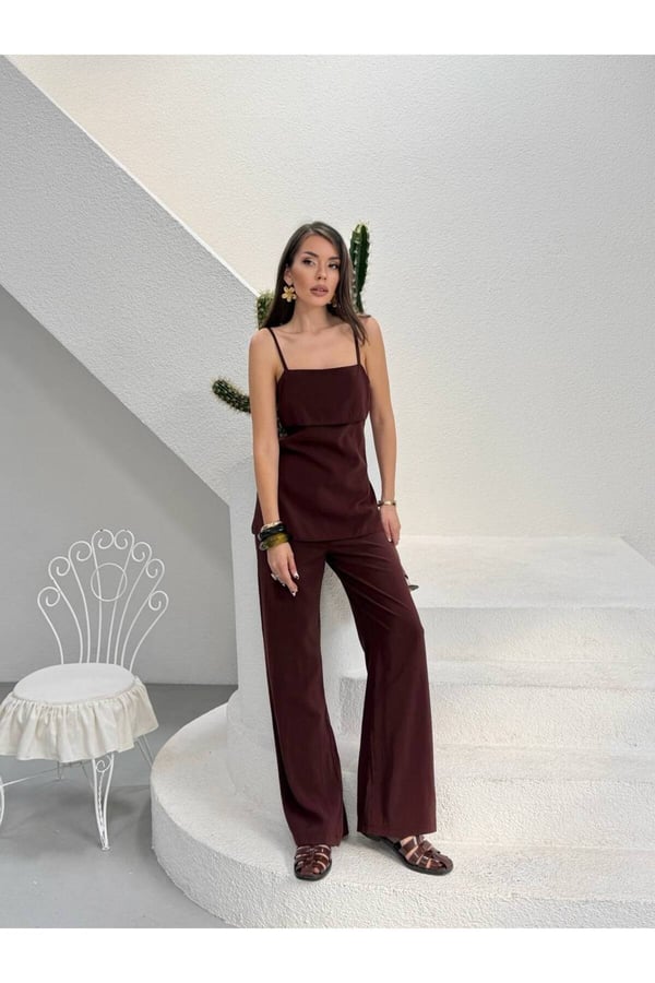 Premium Askılı Bluz ve Bol Paça Pantolon İkili Takım Şık Kadın Kombin