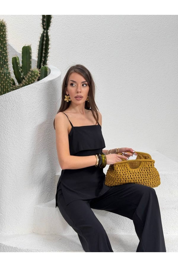 Premium Askılı Bluz ve Bol Paça Pantolon İkili Takım Şık Kadın Kombin