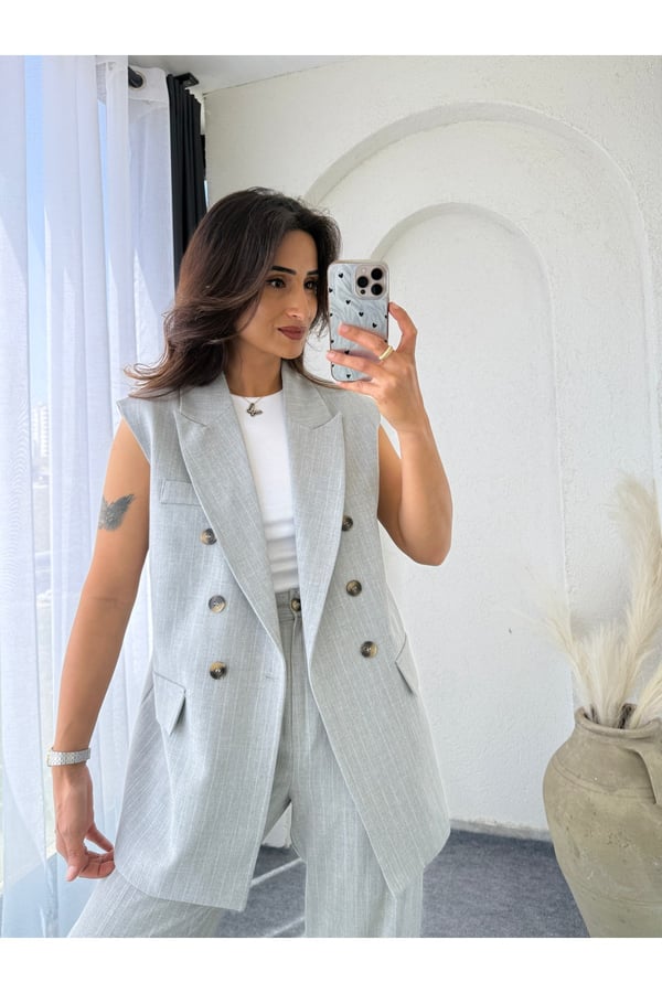 Premium Boy Fit Kadın Pantolon Kolsuz Ceket Yelek Takımı Atlas Kumaş