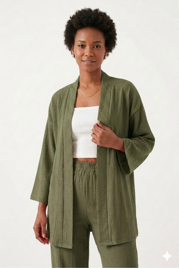Premium Bürümcük Kumaş Salaş Kesim Kimono Ceketli İkili Takım