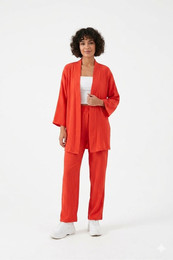Premium Bürümcük Kumaş Salaş Kesim Kimono Ceketli İkili Takım