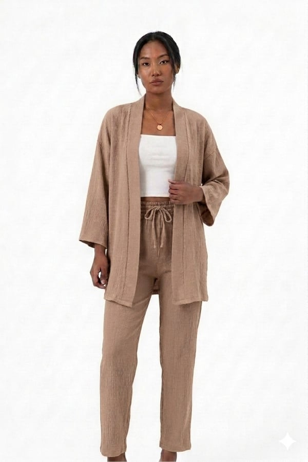 Premium Bürümcük Kumaş Salaş Kesim Kimono Ceketli İkili Takım