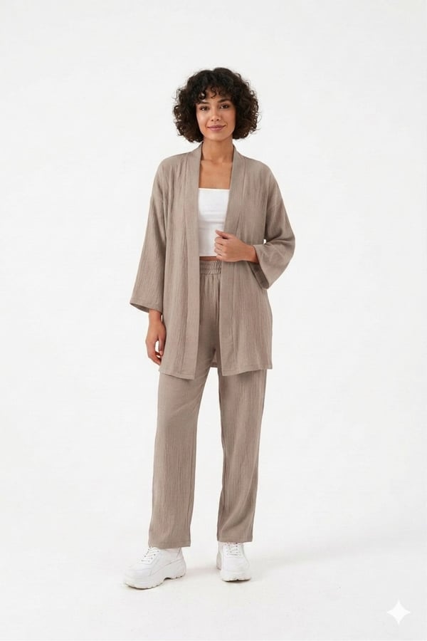 Premium Bürümcük Kumaş Salaş Kesim Kimono Ceketli İkili Takım