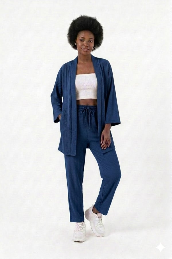 Premium Bürümcük Kumaş Salaş Kesim Kimono Ceketli İkili Takım