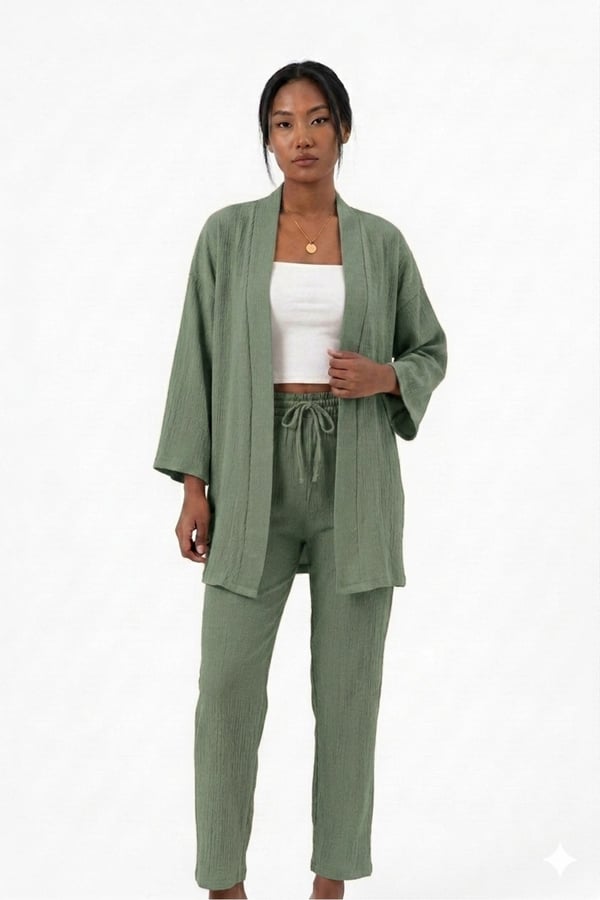 Premium Bürümcük Kumaş Salaş Kesim Kimono Ceketli İkili Takım