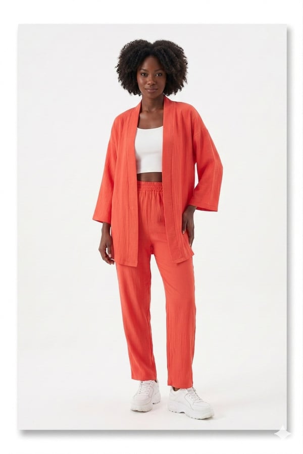 Premium Bürümcük Kumaş Salaş Kesim Kimono Ceketli İkili Takım