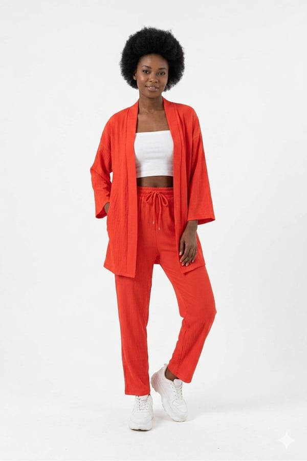 Premium Bürümcük Kumaş Salaş Kesim Kimono Ceketli İkili Takım