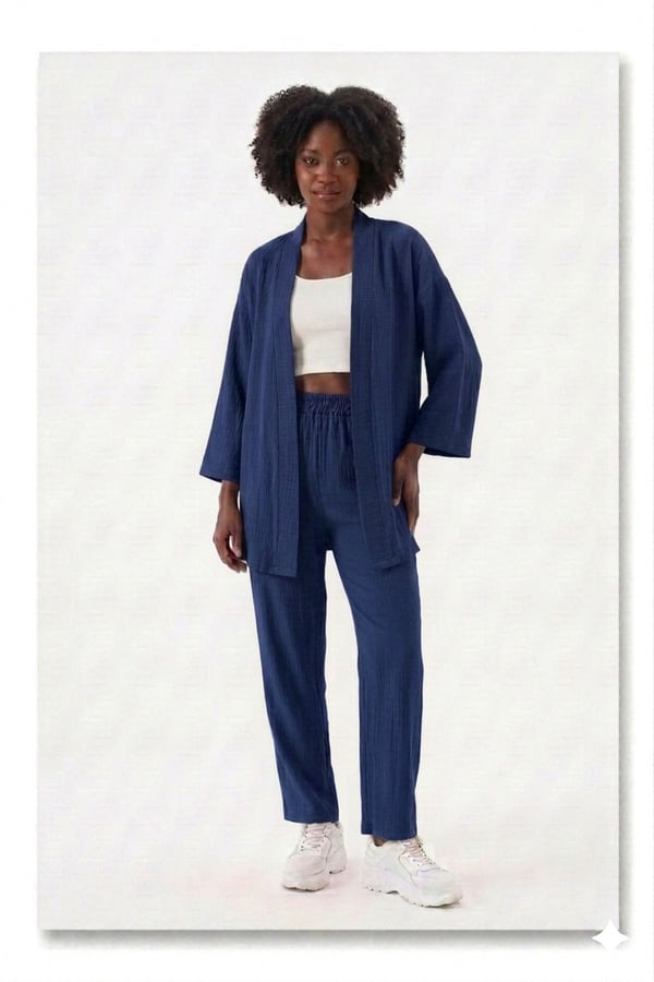 Premium Bürümcük Kumaş Salaş Kesim Kimono Ceketli İkili Takım