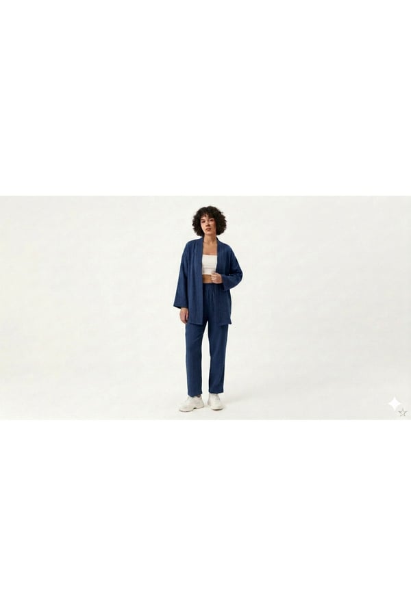 Premium Bürümcük Kumaş Salaş Kesim Kimono Ceketli İkili Takım