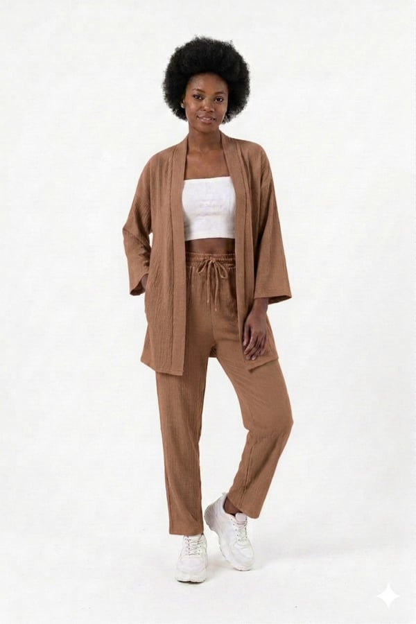 Premium Bürümcük Kumaş Salaş Kesim Kimono Ceketli İkili Takım
