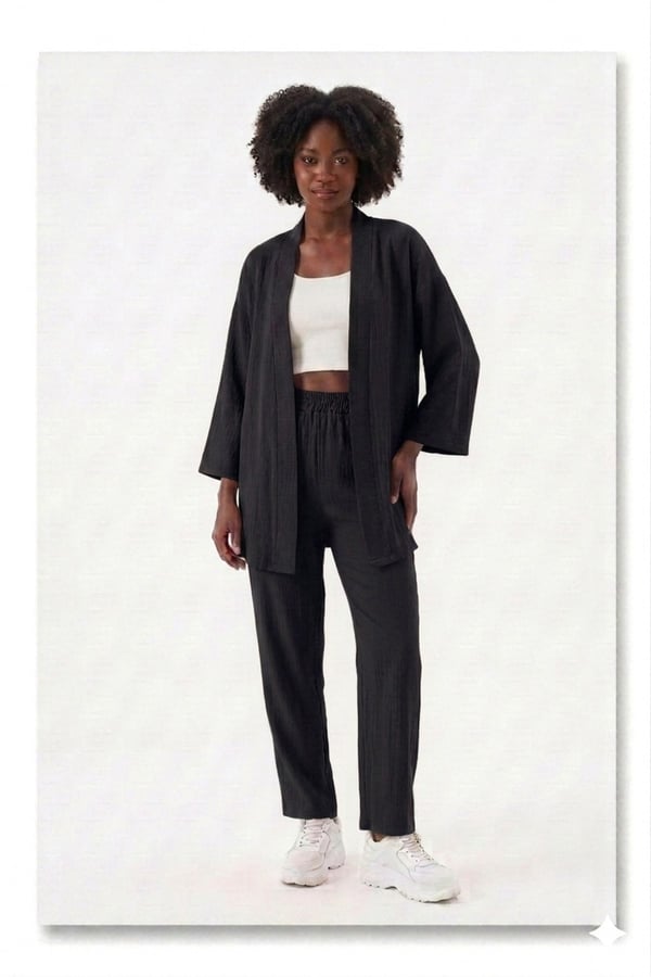 Premium Bürümcük Kumaş Salaş Kesim Kimono Ceketli İkili Takım