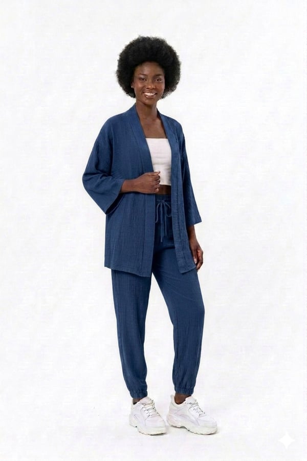 Premium Bürümcük Kumaş Salaş Kesim Kimono Ceketli İkili Takım