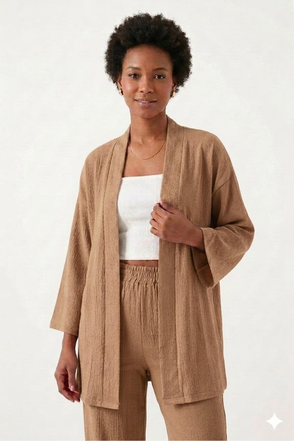 Premium Bürümcük Kumaş Salaş Kesim Kimono Ceketli İkili Takım