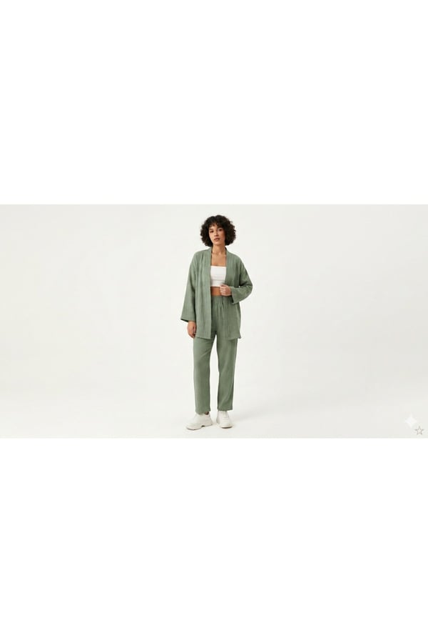 Premium Bürümcük Kumaş Salaş Kesim Kimono Ceketli İkili Takım