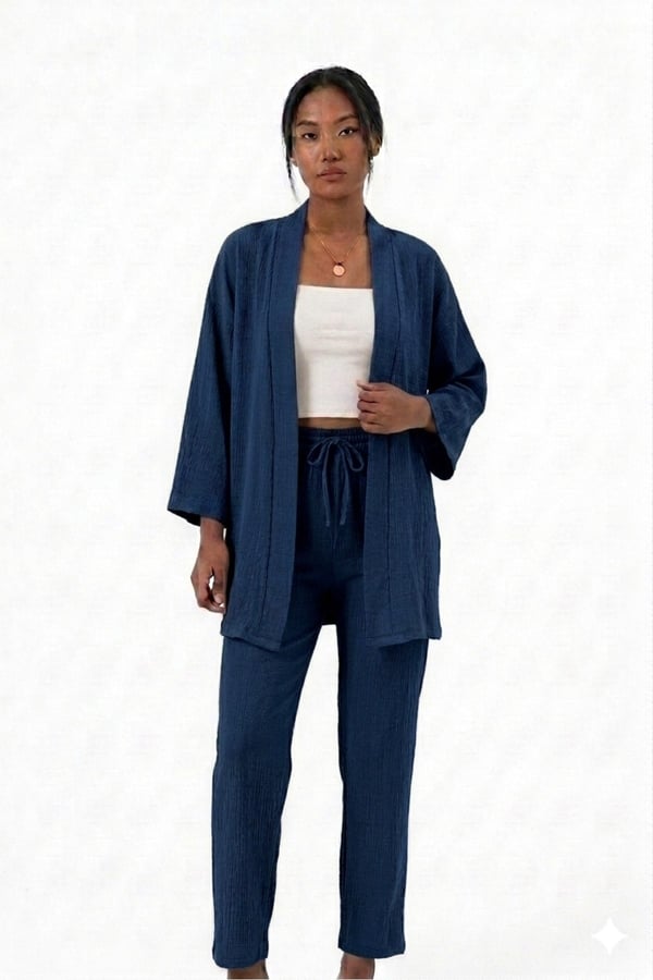 Premium Bürümcük Kumaş Salaş Kesim Kimono Ceketli İkili Takım