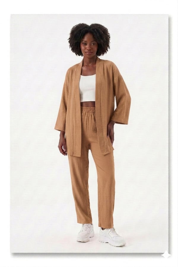 Premium Bürümcük Kumaş Salaş Kesim Kimono Ceketli İkili Takım