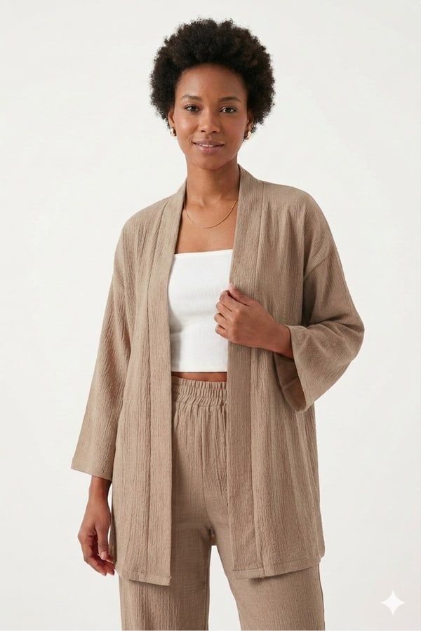 Premium Bürümcük Kumaş Salaş Kesim Kimono Ceketli İkili Takım