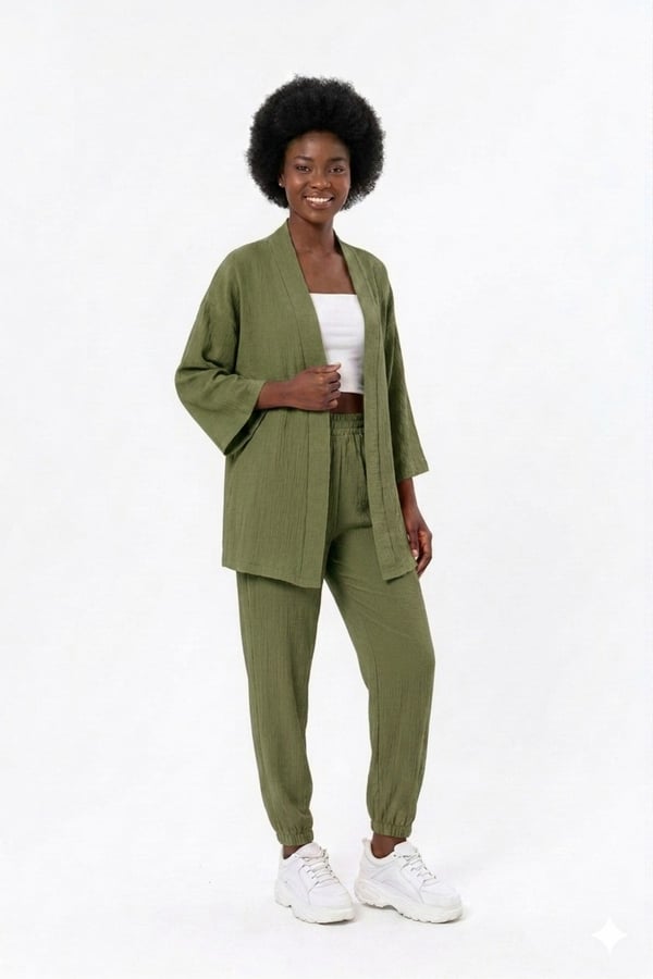 Premium Bürümcük Kumaş Salaş Kesim Kimono Ceketli İkili Takım