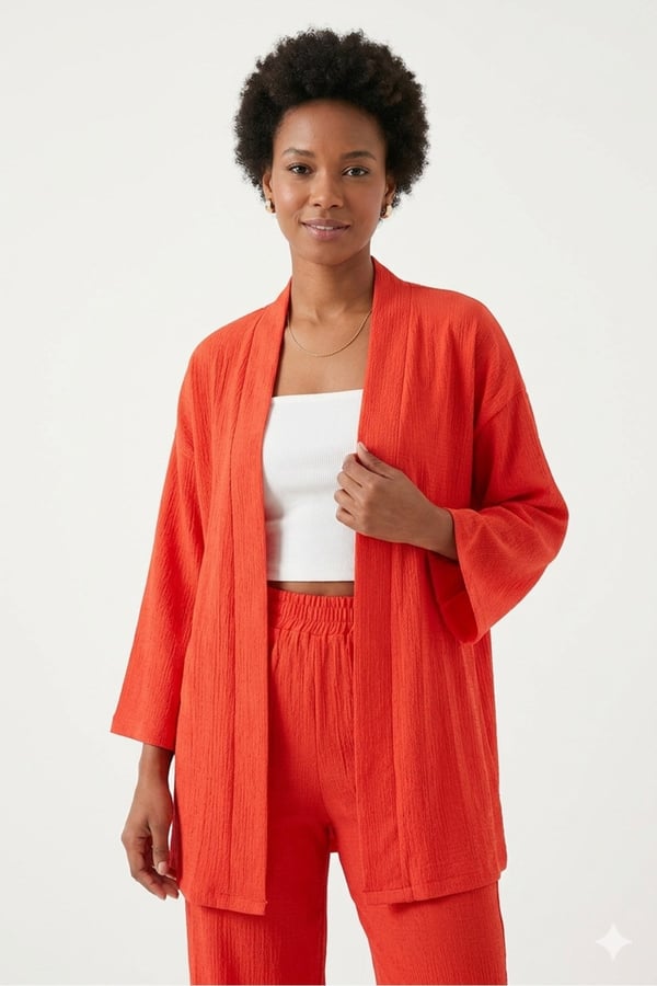 Premium Bürümcük Kumaş Salaş Kesim Kimono Ceketli İkili Takım