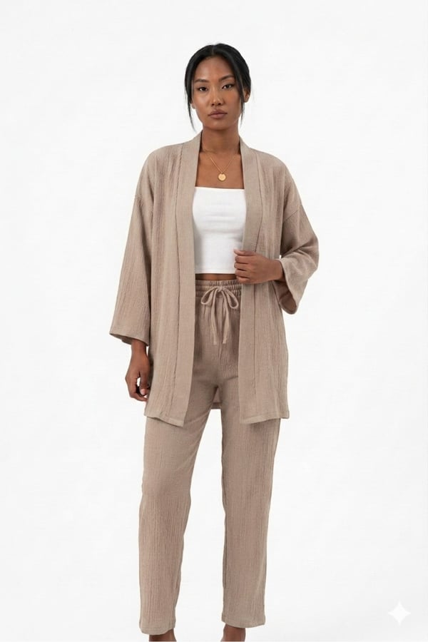 Premium Bürümcük Kumaş Salaş Kesim Kimono Ceketli İkili Takım