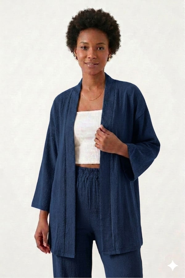 Premium Bürümcük Kumaş Salaş Kesim Kimono Ceketli İkili Takım