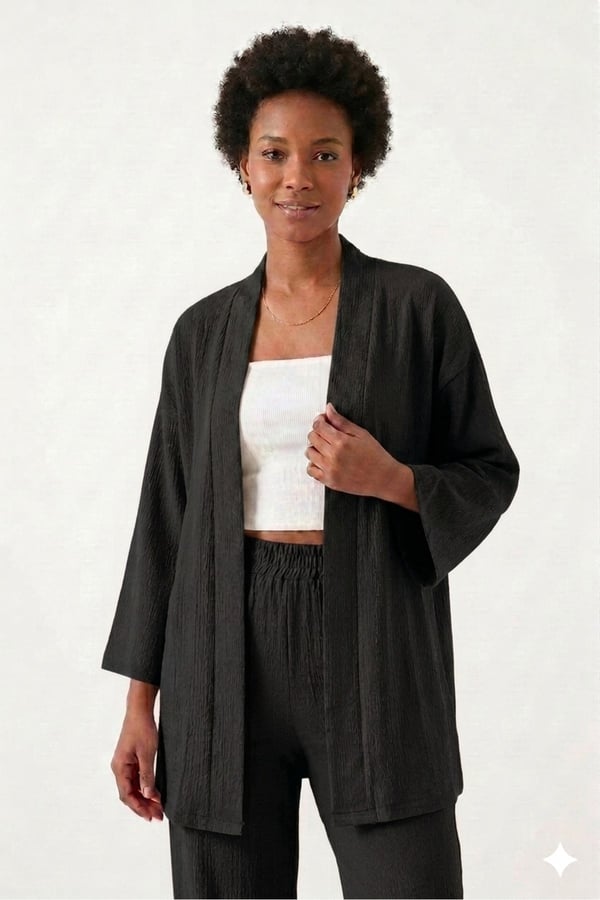 Premium Bürümcük Kumaş Salaş Kesim Kimono Ceketli İkili Takım