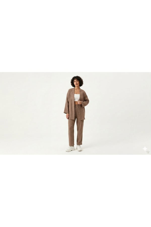 Premium Bürümcük Kumaş Salaş Kesim Kimono Ceketli İkili Takım