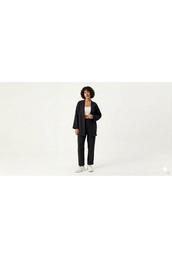 Premium Bürümcük Kumaş Salaş Kesim Kimono Ceketli İkili Takım