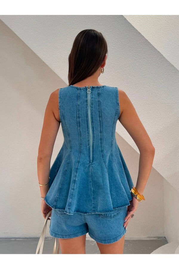 Premium Denim Kot Peplum Bluz ve Şort İkili Takım