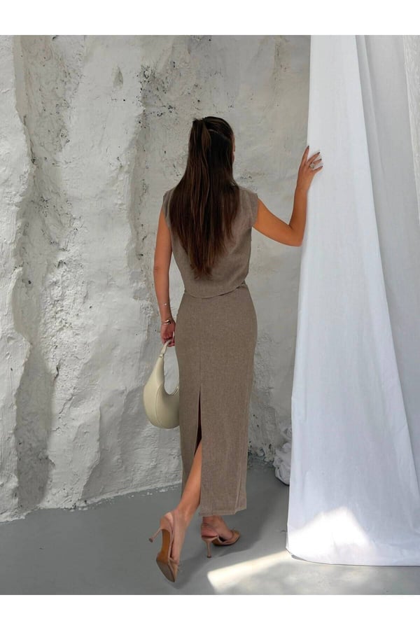 Premium Dokuma Kumaş Crop Bluz ve Midi Etek İkili Takım