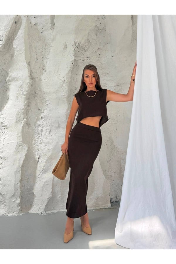Premium Dokuma Kumaş Crop Bluz ve Midi Etek İkili Takım