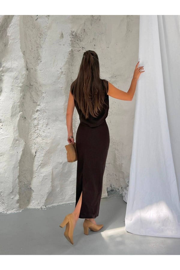 Premium Dokuma Kumaş Crop Bluz ve Midi Etek İkili Takım