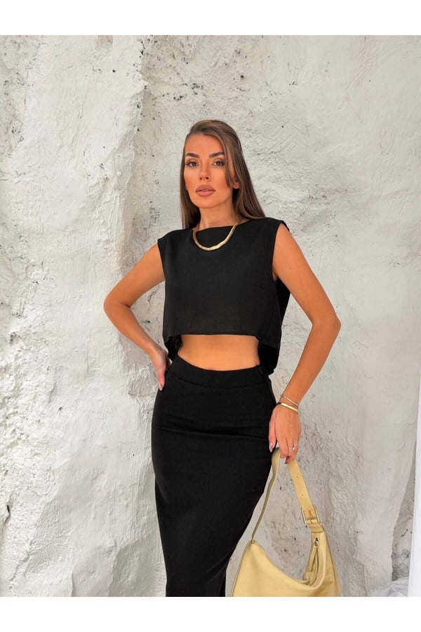 Premium Dokuma Kumaş Crop Bluz ve Midi Etek İkili Takım