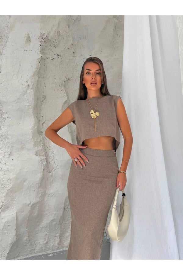 Premium Dokuma Kumaş Crop Bluz ve Midi Etek İkili Takım