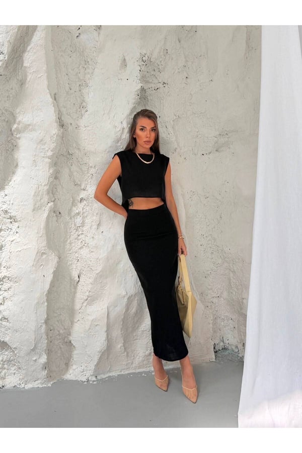 Premium Dokuma Kumaş Crop Bluz ve Midi Etek İkili Takım