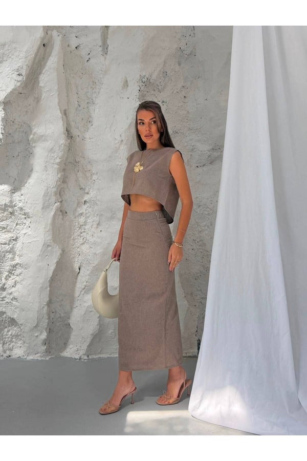 Premium Dokuma Kumaş Crop Bluz ve Midi Etek İkili Takım