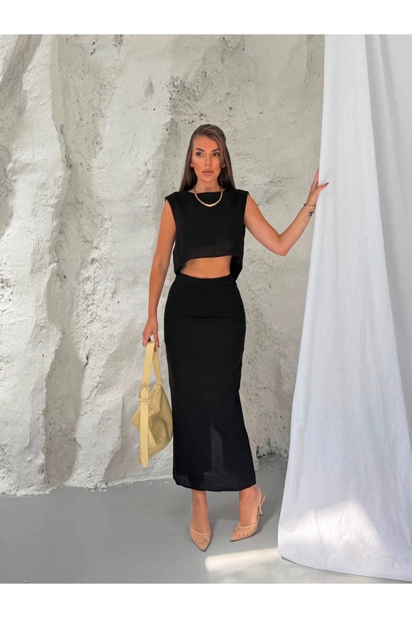 Premium Dokuma Kumaş Crop Bluz ve Midi Etek İkili Takım