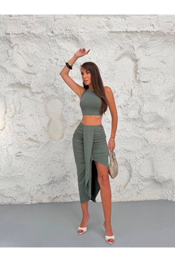 Premium Drape Detaylı Yırtmaçlı Etek Crop Bluz İkili Takım