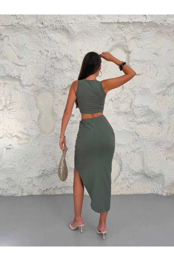 Premium Drape Detaylı Yırtmaçlı Etek Crop Bluz İkili Takım