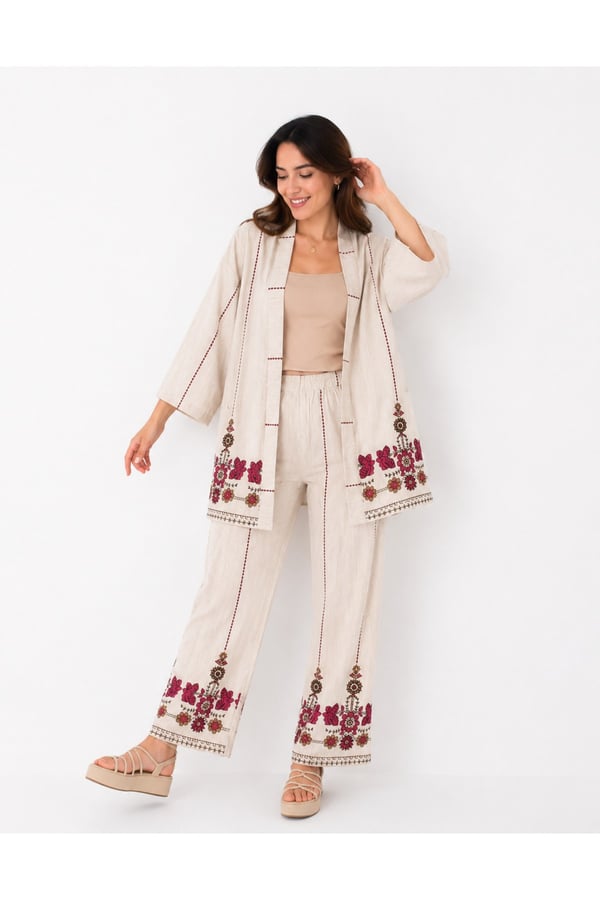 Premium Etnik Nakış İşlemeli Kimono Ceket Pantolon İkili Takım