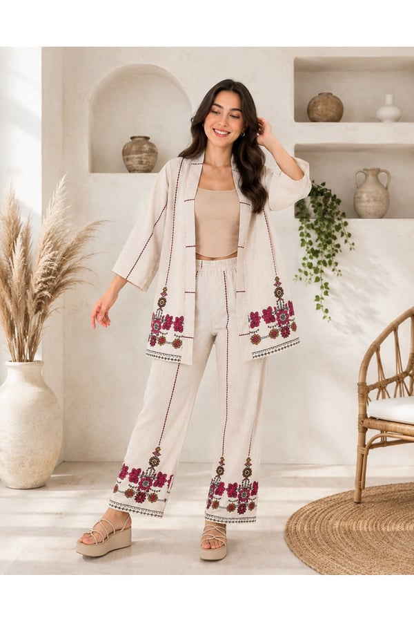 Premium Etnik Nakış İşlemeli Kimono Ceket Pantolon İkili Takım