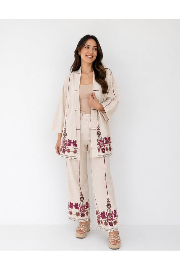 Premium Etnik Nakış İşlemeli Kimono Ceket Pantolon İkili Takım