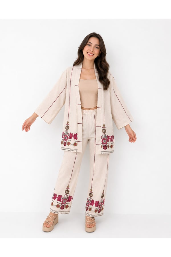Premium Etnik Nakış İşlemeli Kimono Ceket Pantolon İkili Takım