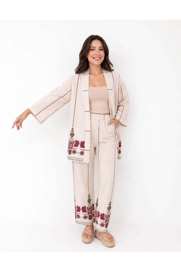 Premium Etnik Nakış İşlemeli Kimono Ceket Pantolon İkili Takım